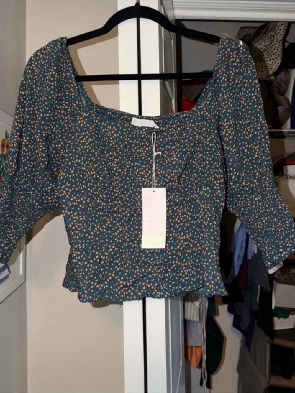Lush Teal Smocked Square-Neck Blouse with Tan Dot Print